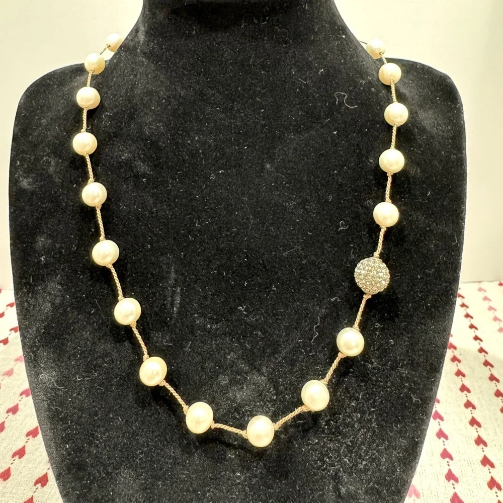 Pearl Necklace rope tied with rhinestone bead